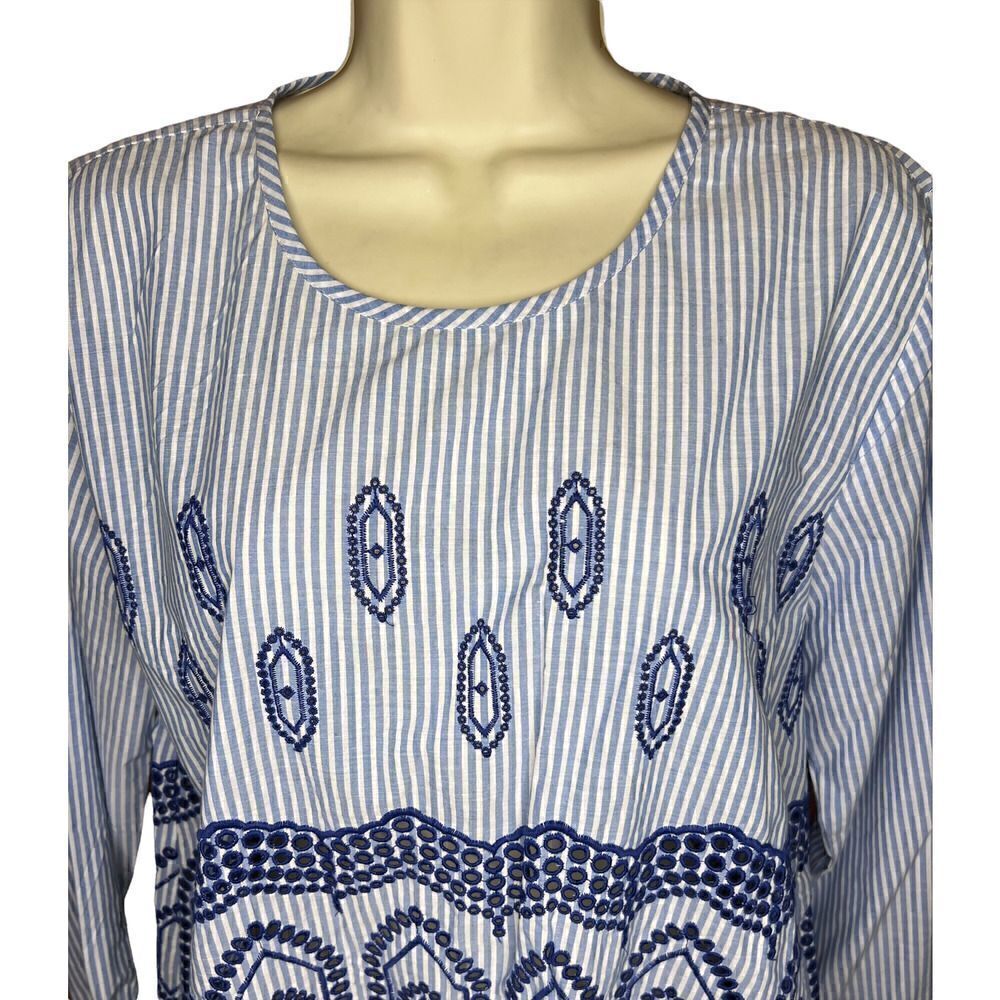 Masai Blue Striped Embroidered Eyelet Shirt NWT Size M